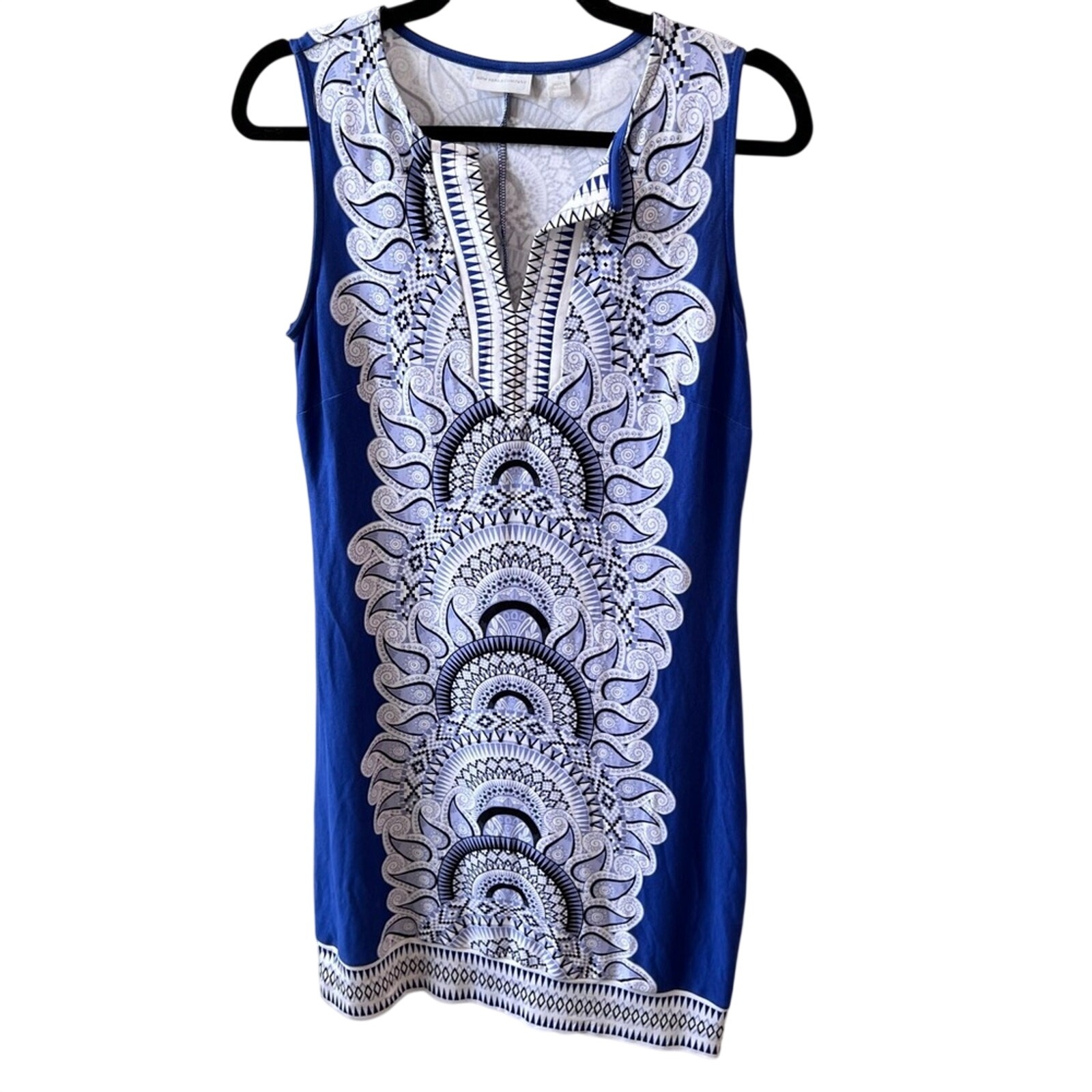 New York & Company Women's Blue/White Geometric Print Sleeveless Tank Dress Sz S